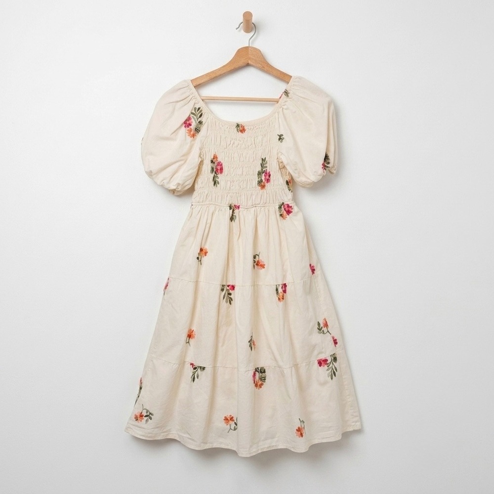 Parami Design Boho Floral Embroidery Smocked Tiered Midi Dress Large Cream
